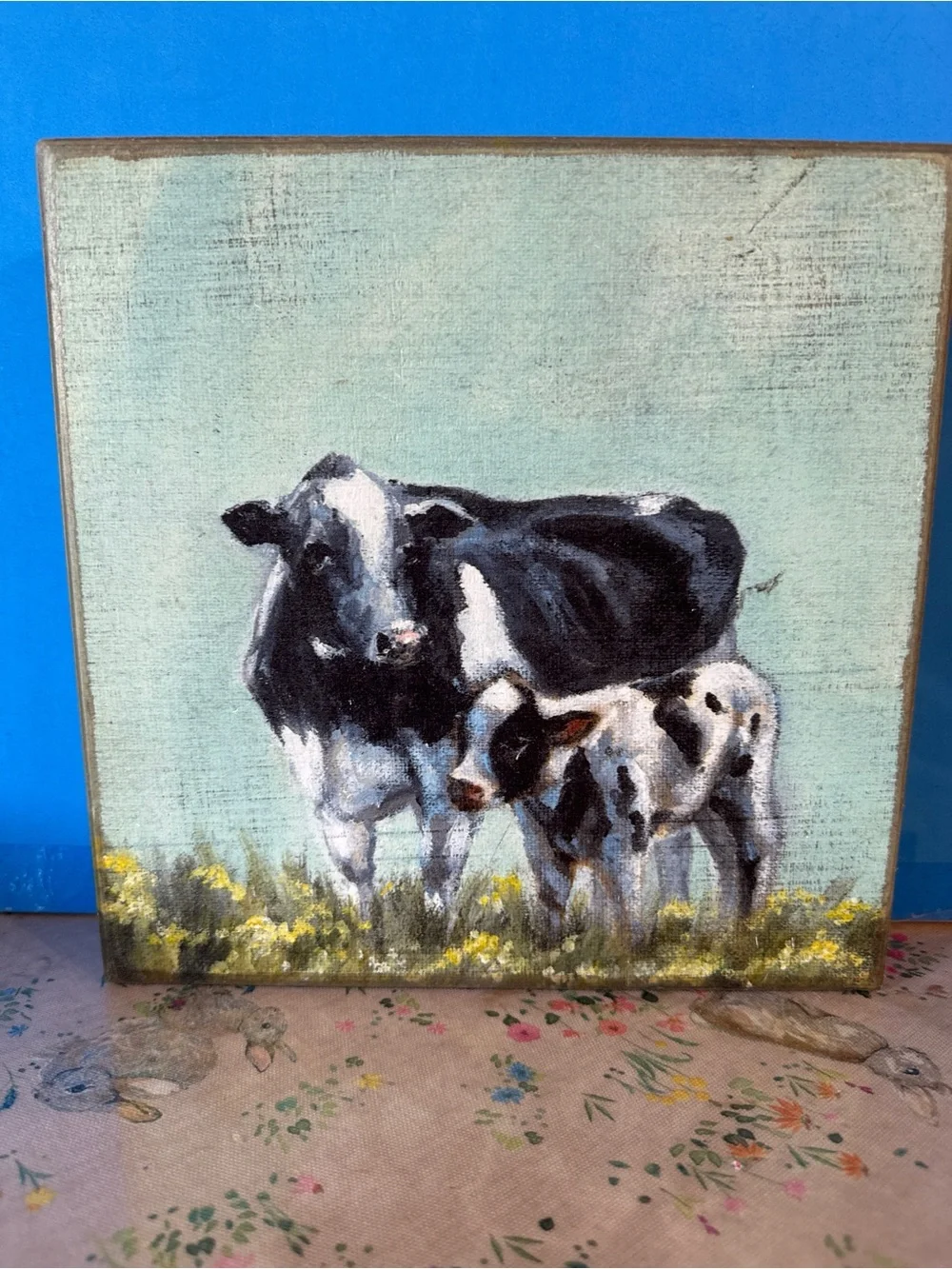 Black & White Cow Canvas Art on Teal Background